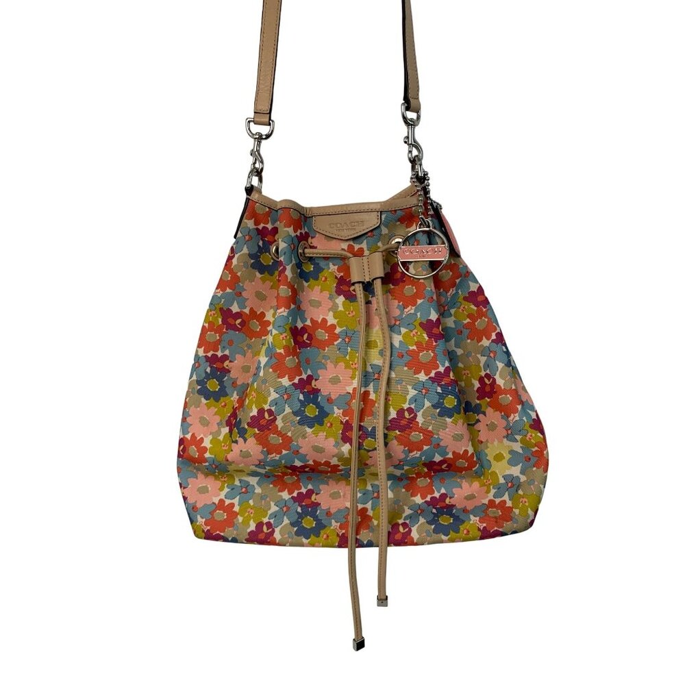 Coach Floral Drawstring Crossbody Bag in Multicolor and Tan